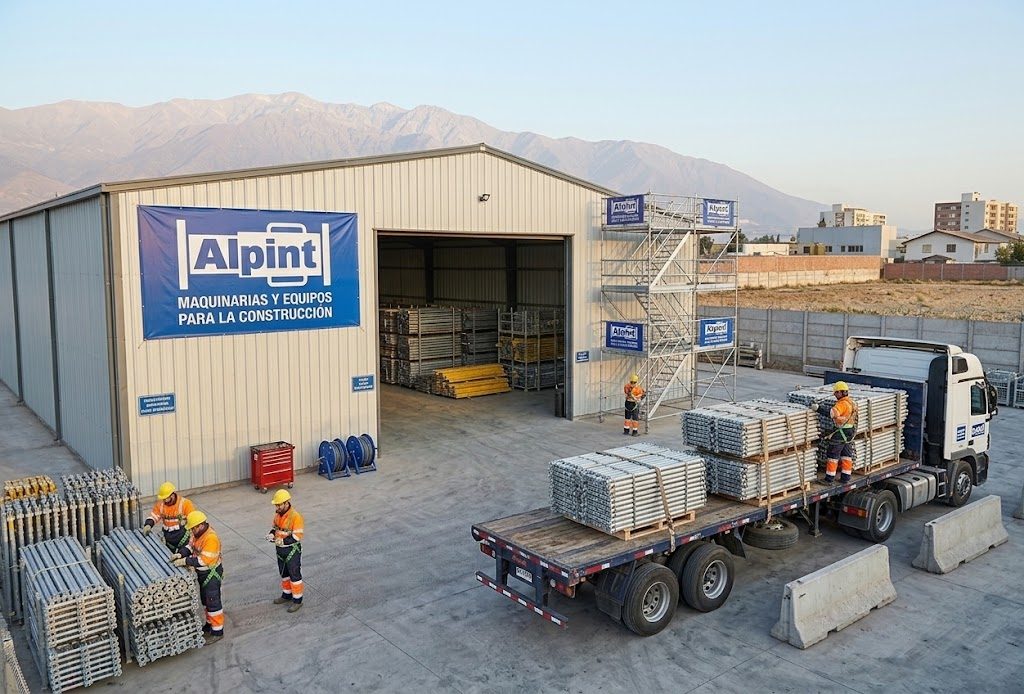 Bodega de equipos ALPINT con personal preparando andamios y materiales para despacho