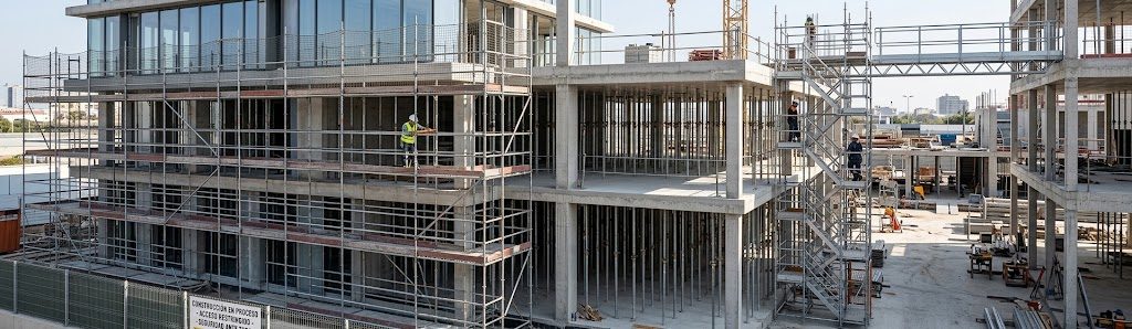 Obra en construcción con andamios ALPINT instalados en fachada